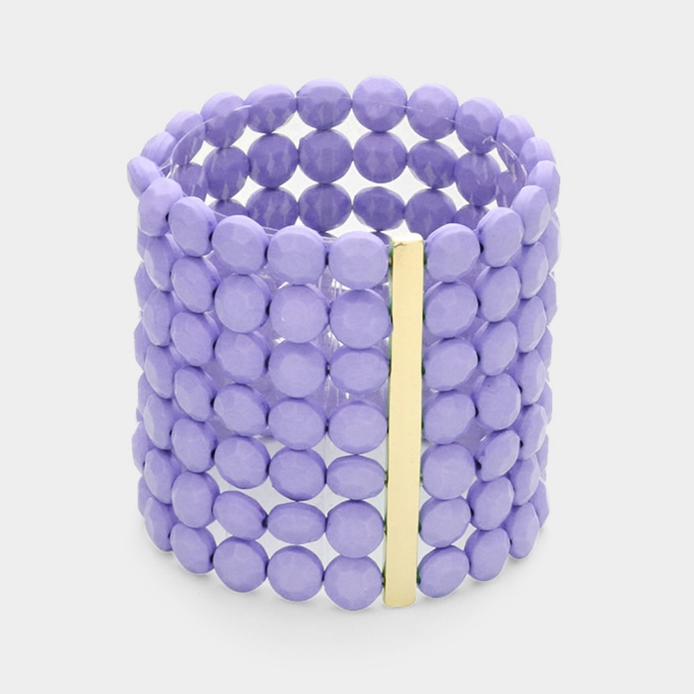Lavender 7 Row Beaded Stretch Bracelet Wide Accessory Round Faceted Layered